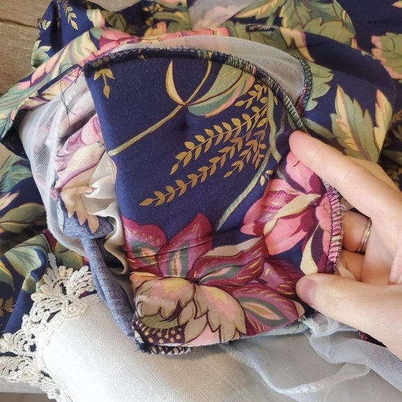 Vintage 80s Floral Blue Blouson Midi Dress Exaggerated Collar Cottage Core Small - Picture 7 of 8